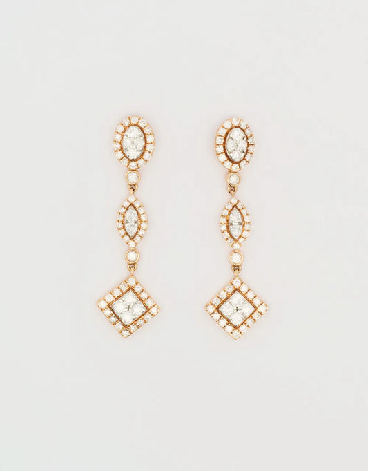 Aretes semilargos de diamantes de 1 quilate en oro rojo de 18k
