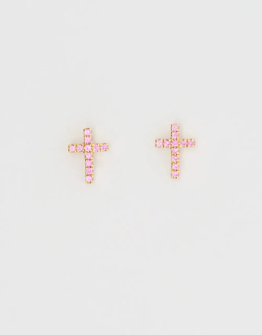 Topos mini cruz de zafiros rosados en oro amarillo de 18k
