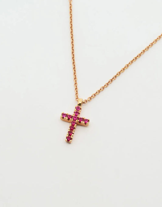 Gargantilla mini cruz de rubíes en oro rojo 18k
